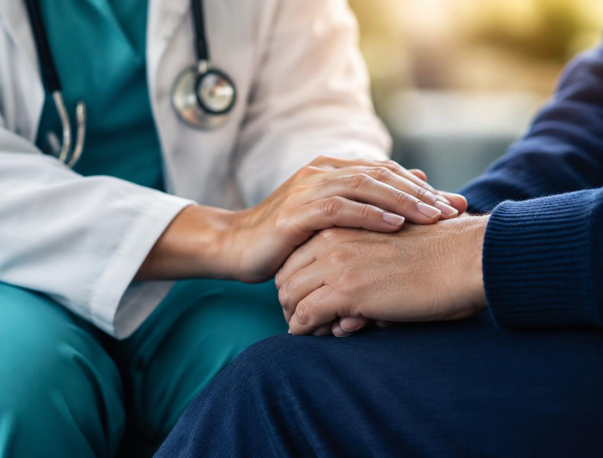 Doctor gently holding a patient's hands in reassurance